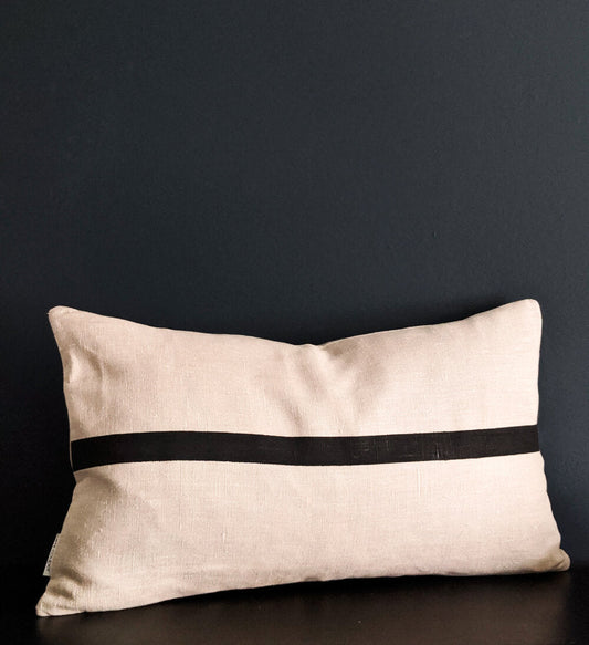 Linen Stripe Rectangle Cushion - Natural and Black